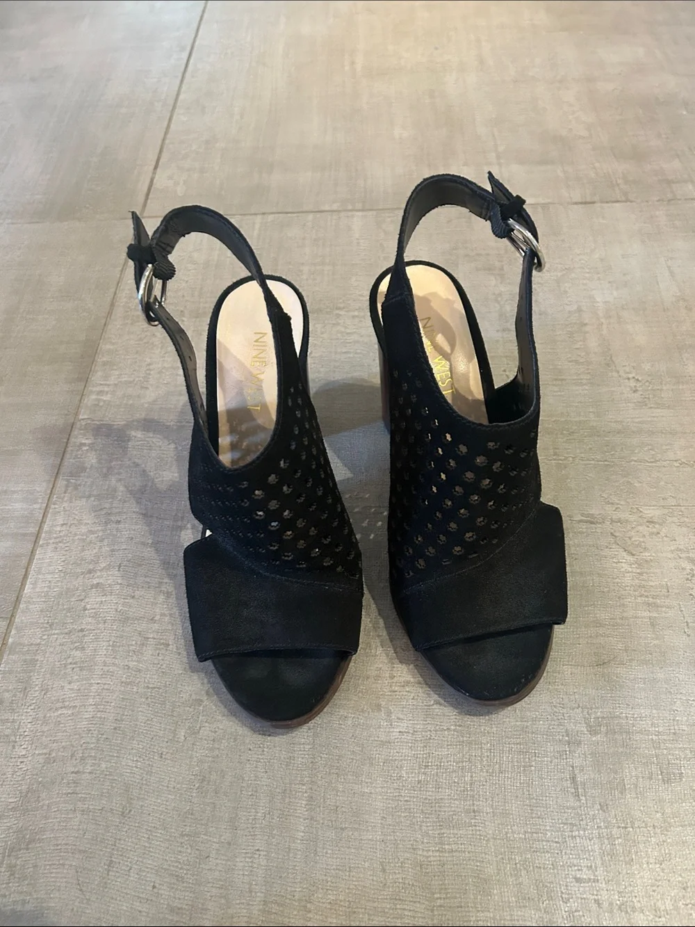 Nine West Black Perforated Suede Slingback Block Heels